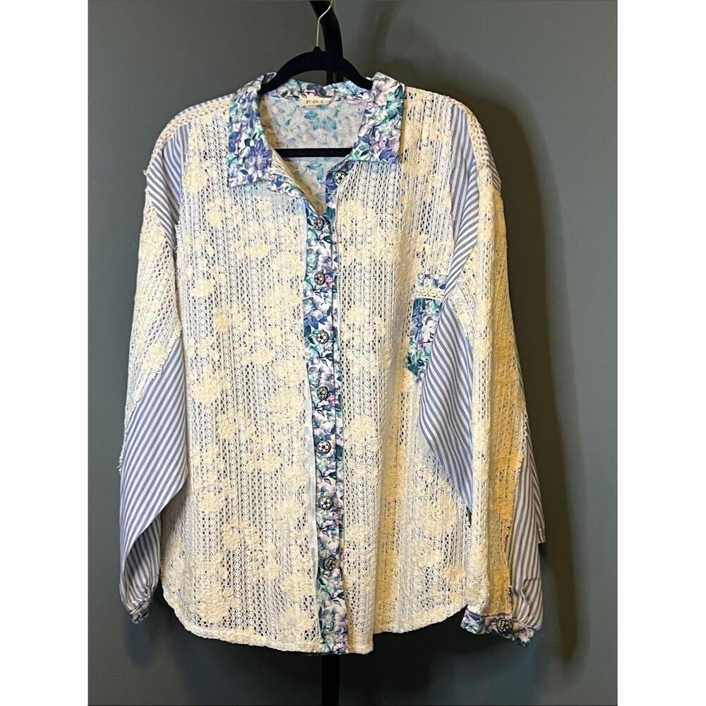 POL Cream Crochet Button-Up with Blue Floral Trim and Stripes